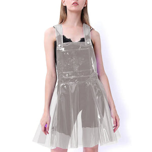 Multi-Color Clear PVC Strap A-line Mini Dress Sleeveless Suspenders Slim Front Pocket Dress Female Clubwear S-7XL