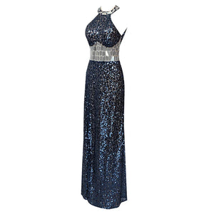 Royal Blue Sequin Halter Neck Dress with Diamond Beaded Waist and Side Split for Prom and Weddings