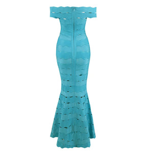 Off-Shoulder Teal Rayon Jacquard Bandage Maxi Dress with Cut-Out Details and Mermaid Skirt