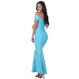 Off-Shoulder Teal Rayon Jacquard Bandage Maxi Dress with Cut-Out Details and Mermaid Skirt