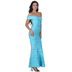 Off-Shoulder Teal Rayon Jacquard Bandage Maxi Dress with Cut-Out Details and Mermaid Skirt