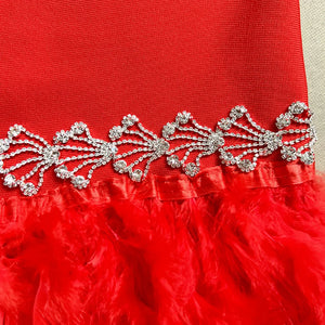 Retro Red Stand-Up Collar Dress with Puffed Sleeves, Feathered Skirt and Diamond Accents