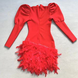 Retro Red Stand-Up Collar Dress with Puffed Sleeves, Feathered Skirt and Diamond Accents