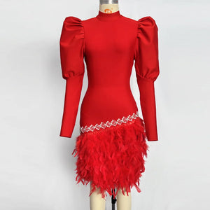 Retro Red Stand-Up Collar Dress with Puffed Sleeves, Feathered Skirt and Diamond Accents