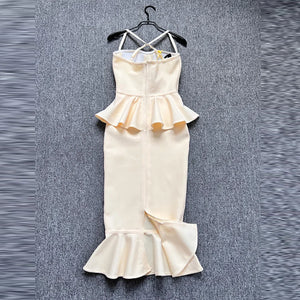 Light Yellow Fishtail Evening Dress with Ruffle Peplum and Crisscross Backless Design