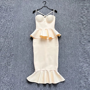 Light Yellow Fishtail Evening Dress with Ruffle Peplum and Crisscross Backless Design