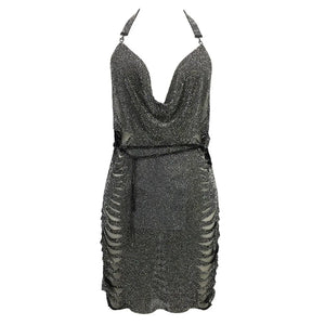 Crystal Embellished Halter Mini Dress with Side Slit and Backless Design