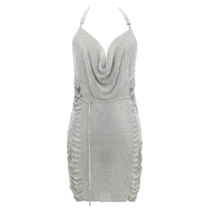 Crystal Embellished Halter Mini Dress with Side Slit and Backless Design