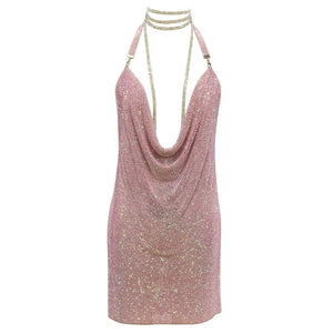 Handmade Rhinestone Halter Mini Dress with Metal Mesh and Backless Design