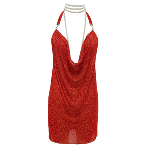 Handmade Rhinestone Halter Mini Dress with Metal Mesh and Backless Design