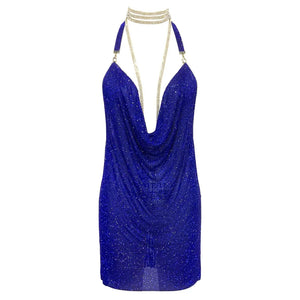 Handmade Rhinestone Halter Mini Dress with Metal Mesh and Backless Design