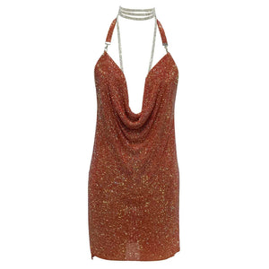 Handmade Rhinestone Halter Mini Dress with Metal Mesh and Backless Design