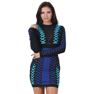 Blue and Black Lace-Up Long Sleeve Mini Bodycon Dress with Mesh Inserts for Women