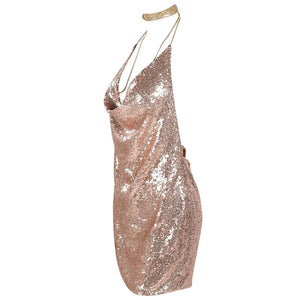 Rose Gold Sequin Mini Dress with Chain Halter Neckline and Backless Design for Summer Parties