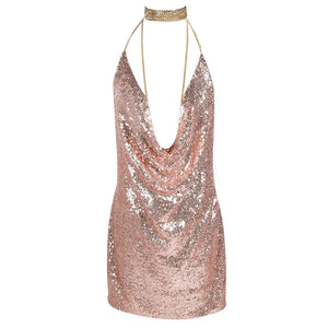 Rose Gold Sequin Mini Dress with Chain Halter Neckline and Backless Design for Summer Parties