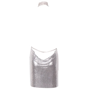 Silver Halter Mini Dress with Crystal Chain Neckline, Sleeveless Backless Party Dress