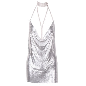 Silver Halter Mini Dress with Crystal Chain Neckline, Sleeveless Backless Party Dress