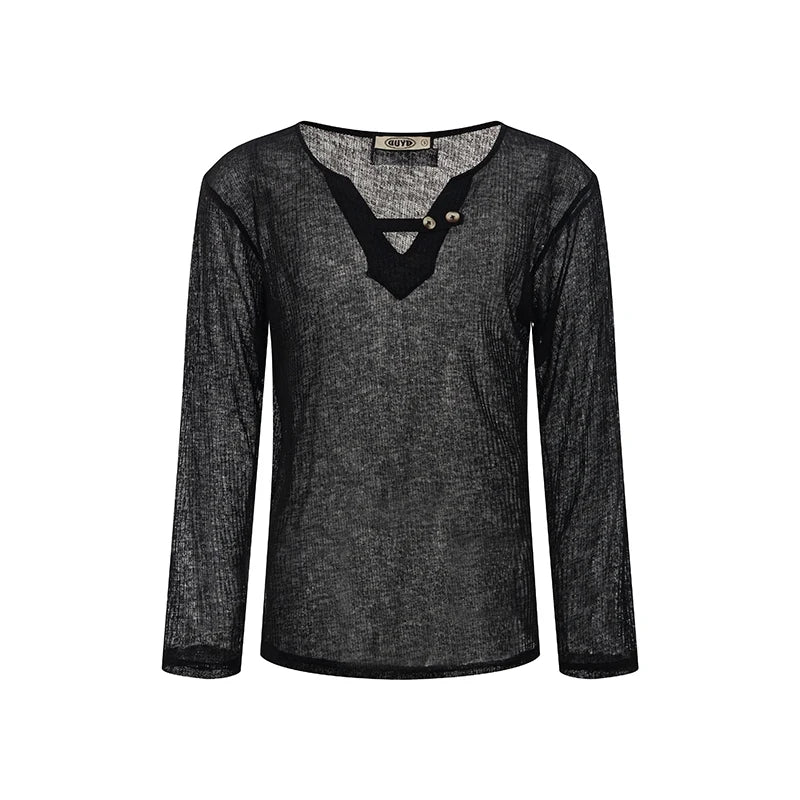 Men's Beige Ribbed Henley Long Sleeve Shirt with Black Wide-Leg Pants - Hip-Hop Dancewear