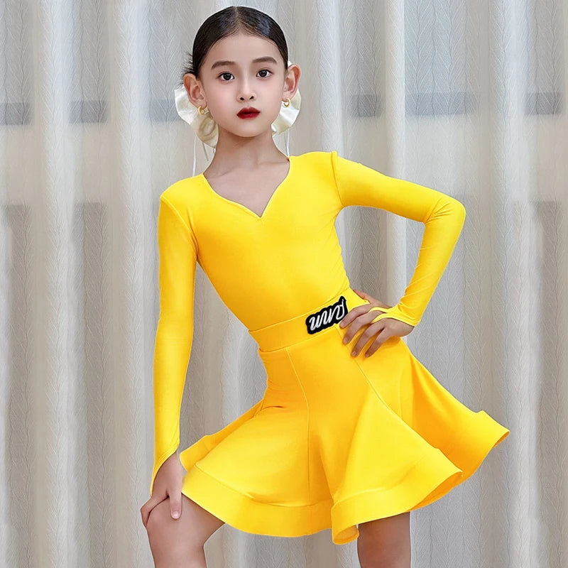 Girls' Pink Long Sleeve V-Neck Ruffled Skirt Latin Dance Dress