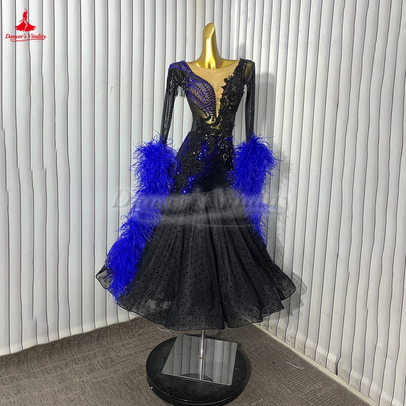 Women's Ballroom Dance Dress With Polka Dots And Ostrich Feather Sleeves For Waltz Foxtrot Tango Quickstep