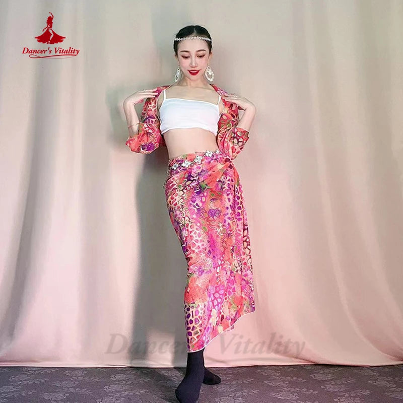 Belly Dance Costume Women's Leopard Print Chiffon Long Sleeve Crop Top and Slit Skirt Set with Fishnet Tights