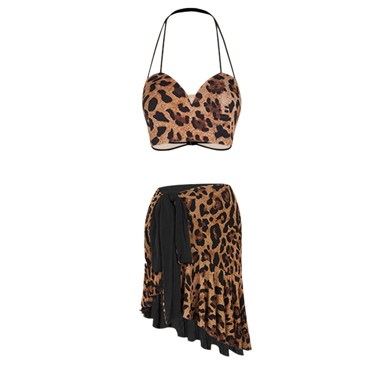 Dance Crop Top and Skirt Set Women's Black and Leopard Print Halter Neck Sweetheart Ruffle Hem Latin Dancewear