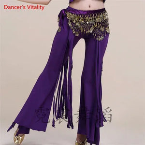 Belly Dance Pants Women's Yellow Sequin Hip Scarf Bell Bottom Slit Leg Pants for Oriental Dance Performance