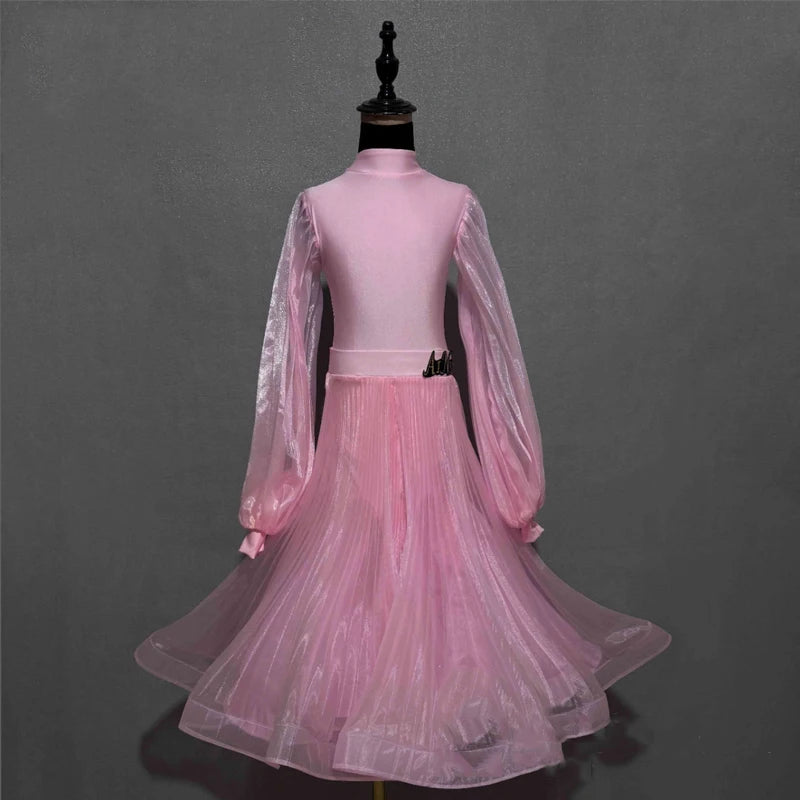 Children's Ballroom Dance Dress, Hot Pink, Royal Blue, Red, Yellow, Light Pink, Brown, Long Sleeve Mesh Skirt, Standard Latin Tango Waltz.