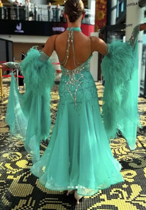 Women's Teal Ballroom Dance Gown with Feather Sleeves, Rhinestone Embellishments, and Halter Neck