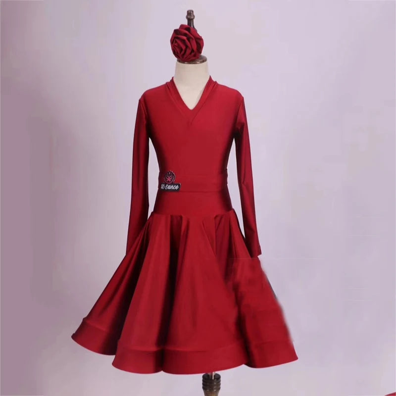 Girls Ballroom Dance Dress Red, Pink, Green, Yellow, Lime Green, Purple Long Sleeve V-Neck Competition Costume