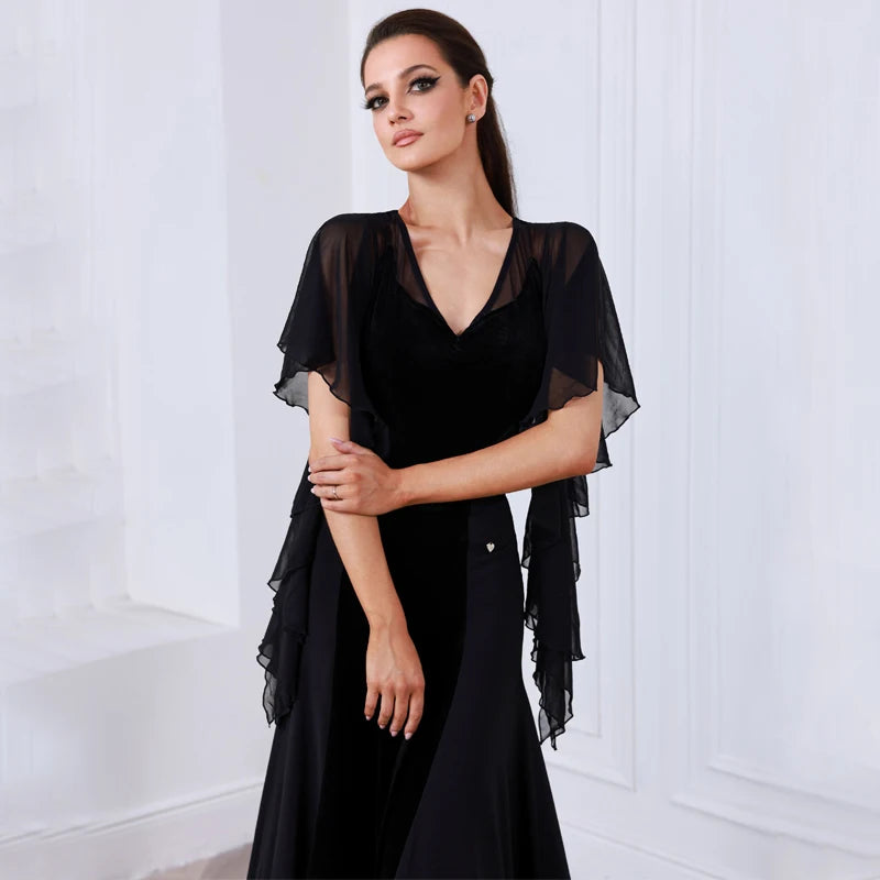 Women's Black Velvet and Chiffon V-Neck Ballroom Dance Dress with Flutter Sleeves