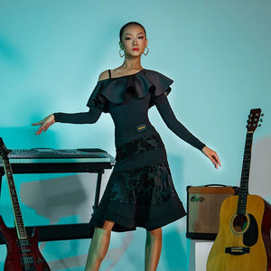 Women's Black & White Ruffled Off-Shoulder Long Sleeve Bodysuit and Floral Pattern Latin Dance Skirt