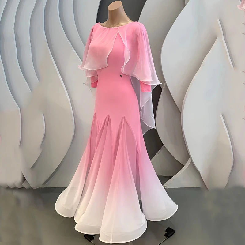 Ballroom Dance Dress Women Pink Ombre Chiffon & Spandex Long Sleeve Cape Back Ribbon Tie Standard Smooth Foxtrot Waltz Tango