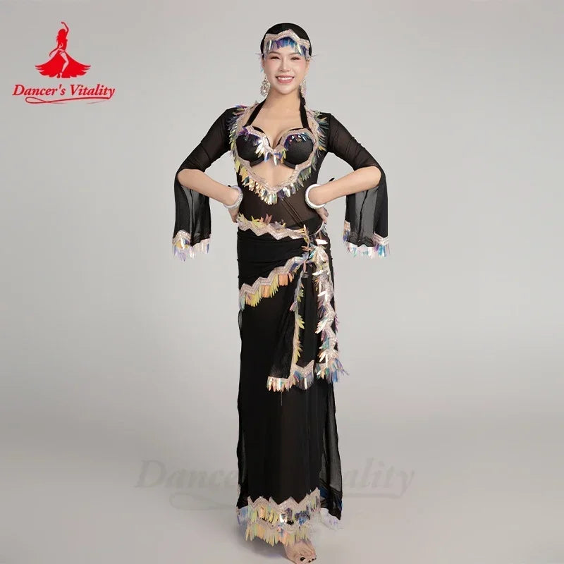 Belly Dance Costume Women's Lime Green Sequin Embellished Long Sleeve Bra Top & Skirt Set for Performance