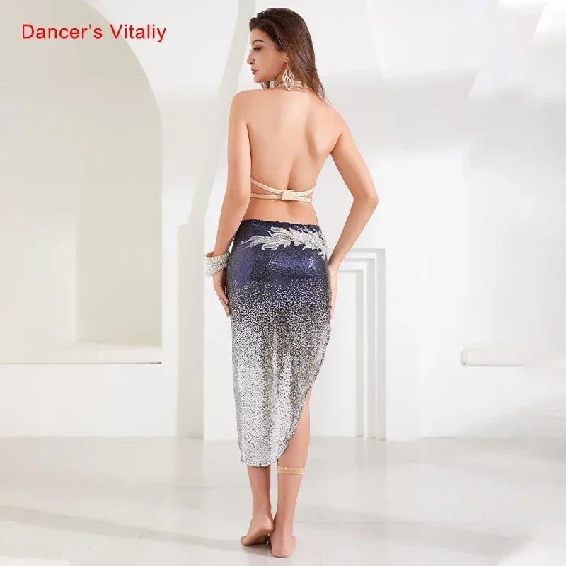 Women's Blue Silver Sequin Floral Embellished High Slit Belly Dance Skirt Set