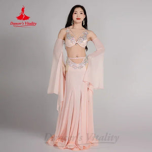 Women's Belly Dance Costume 3-Piece Set With Rhinestone Bra, Sleeves, Long Chiffon Skirt For Performance