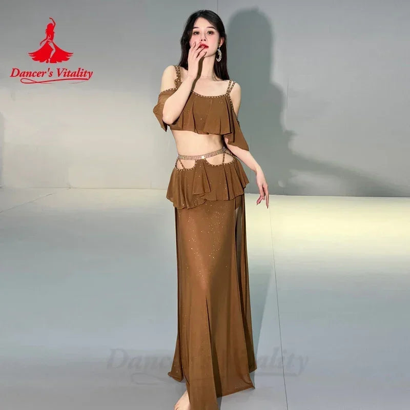 Belly Dance Costume Women's Emerald Green Ruffled Cold Shoulder Crop Top with Slit Skirt and Rhinestone Waist Chain