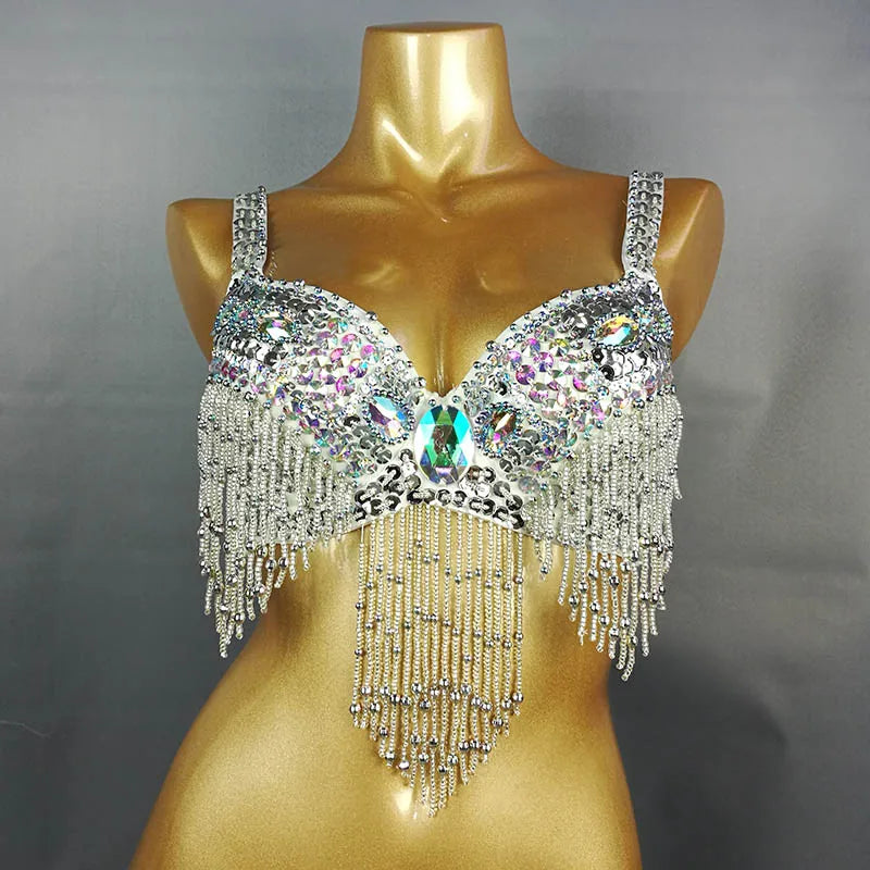 Women's Black Sequin Beaded Fringe Belly Dance Bra Top