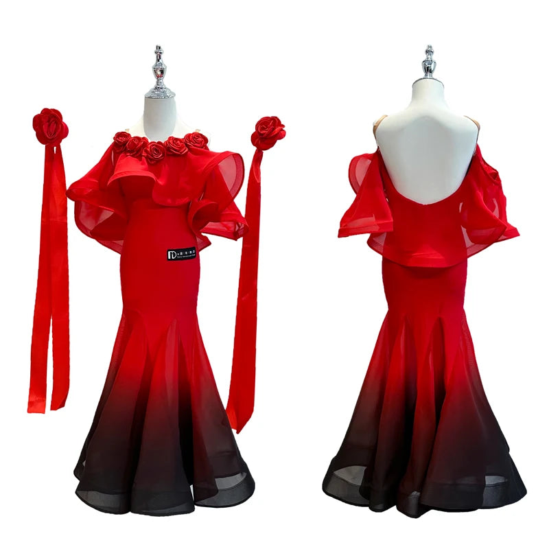Ballroom Dance Dress Girls Red Ombre Black Ruffle Rose Off-Shoulder Long Sleeve; Ballroom Dance Dress Girls Pink Ombre White Ruffle Bow Off-Shoulder