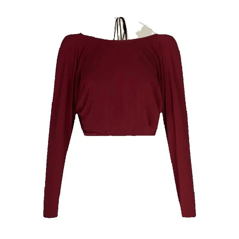 Women's Burgundy & Black Fringe Latin Dance Skirt Set with Long Sleeve Crop Top