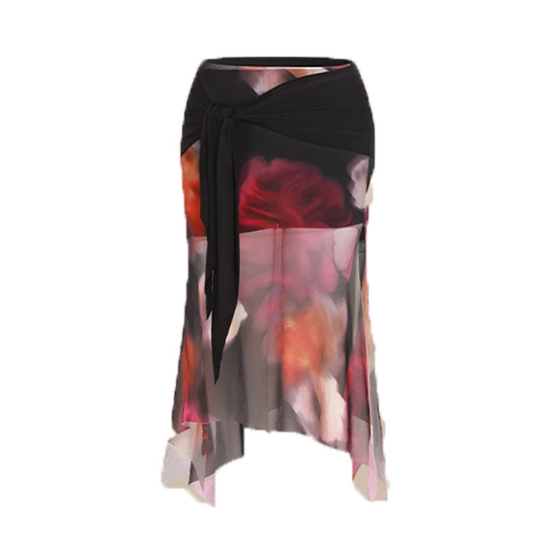 Dance Top and Skirt Set Women's Black and Multi-color Abstract Print Mesh Asymmetrical Hem Latin Dancewear
