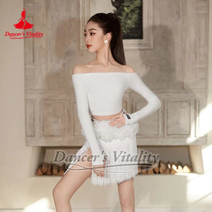 Latin Dance Dress Girls White Black Off Shoulder Fringe Skirt Ballroom Rumba Samba Cha Cha Dancewear