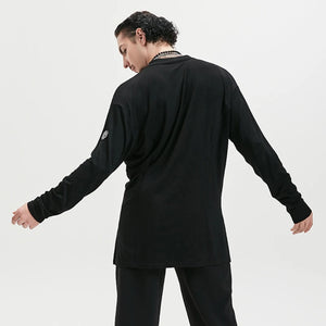 Men's White & Black Pleated V-Neck Long Sleeve Button-Down Dance Shirt