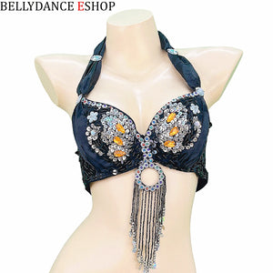 Belly Dance Bra Top, Women's Red Sequin & Beaded Halter Top with Fringe, Belly Dancing Costume