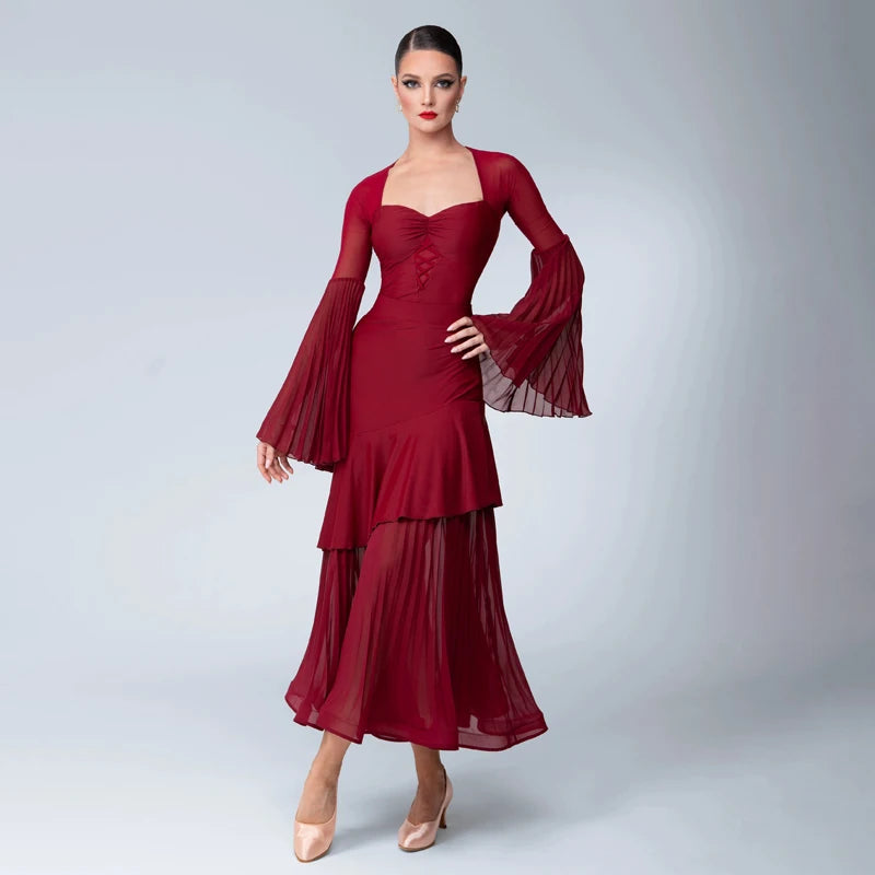 Women's Red Mesh & Chiffon Pleated Bell Sleeve Latin Ballroom Dance Dress