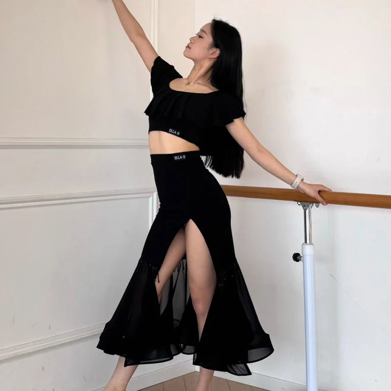 Women's Black and Red Off-Shoulder Ruffle Crop Top and High Slit Ruffled Hem Latin Dance Skirt Set