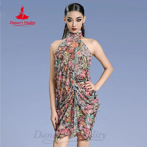 Ballroom Dance Dress Women's Multicolor Halter Neck Fringe Ruffle Latin Salsa Cha-Cha Rumba Performance Costume