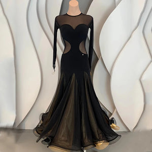 Women's Black & Gold Sheer Mesh Sweetheart Cutout Long Sleeve Ballroom Dance Dress