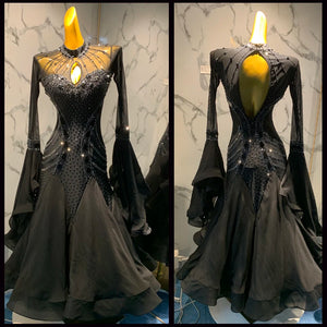 Women's Black Embellished Mesh Ballroom Dance Competition Dress with Keyhole Neckline and Open Back