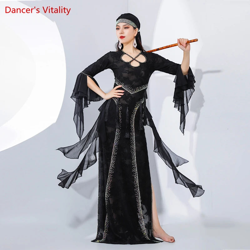 Women's Lime Green Chiffon & Lace Long Sleeve Tassel Belly Dance Dress with Headband